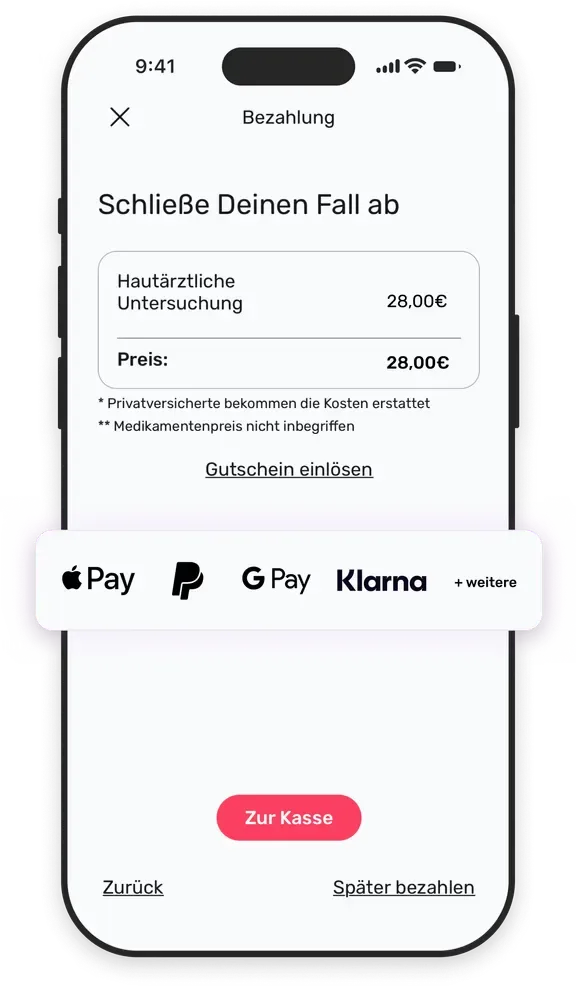 dermanostic App Screen zur Bezahlung eines Falles